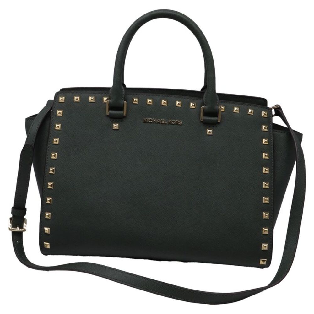 Michael Kors Selma Medium Studded Satchel Bag in Green Leather